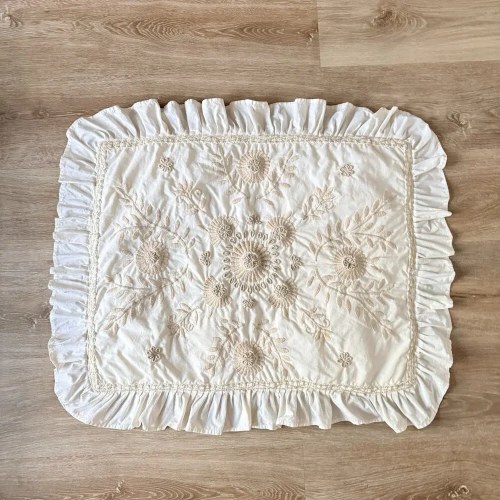 Pottery Barn Standard Sham Floral Embroidered Cream Boho French Country
